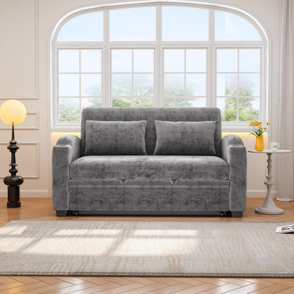 GDFStudio Pull Out Sofa Bed with USB Ports and Cup Holders, 3-Position Adjustable Backrest Chenille Loveseat, Sturdy Frame Compact Couch for Living Room Apartment Guest Bed, Gray