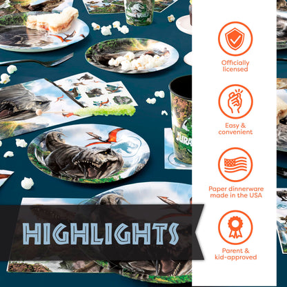 Jurassic World Plates and Napkins for 16 | Jurassic Park Birthday Decorations | Officially Licensed