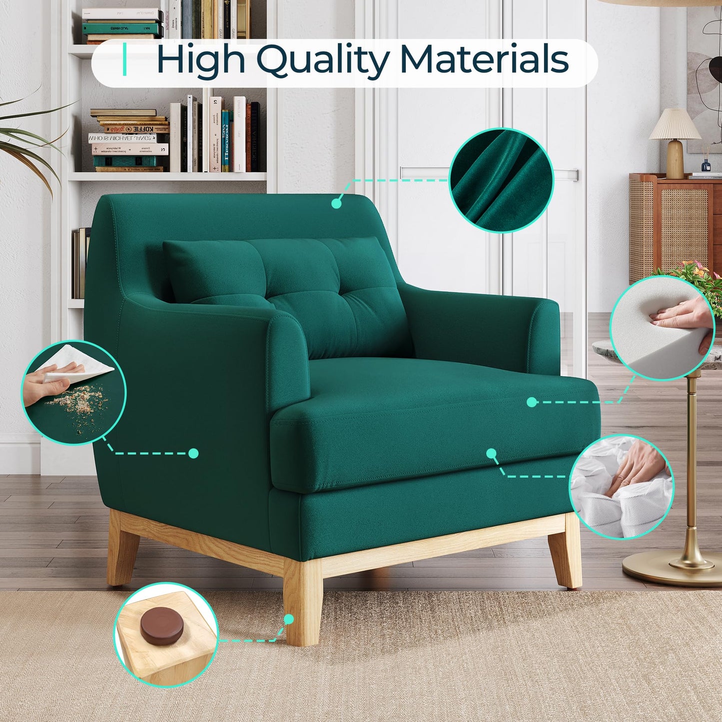 LINSY Large Accent Chair Set of 2, Velvet Reading Chair with Rubberwood Base, Armchair with Lumbar Pillow, Cozy Single Sofa Chair for Reading Room Apartment Living Room Bedroom Office, Green