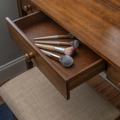 Linon MidCentury Walnut Upholstered Seat Beverly Vanity Set, Medium