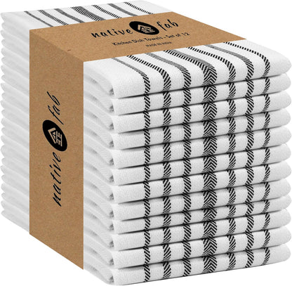 12 Pack 16"x26" Native Fab Black Stripe Kitchen Towels Herringbone Scandia Weave - Super Absorbent Cotton Dish Towels