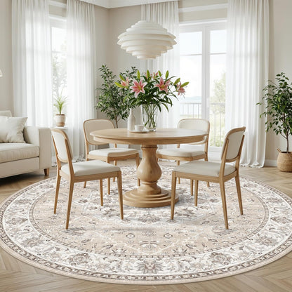 Skiennix Washable 8ft Round Area Rug - Soft, Non-Slip, Stain-Resistant Carpet for Living Room & Bedroom | Beige
