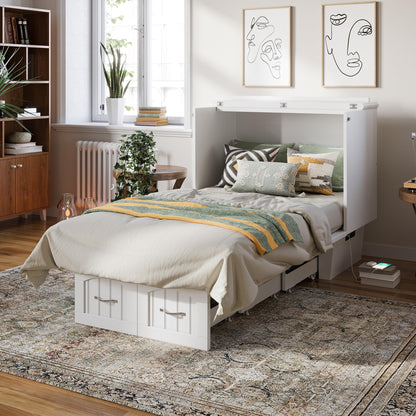 AFI, Sydney Twin Wood Murphy Bed Chest with 6" Mattress, Storage Drawer & Built-in USB Charger, White