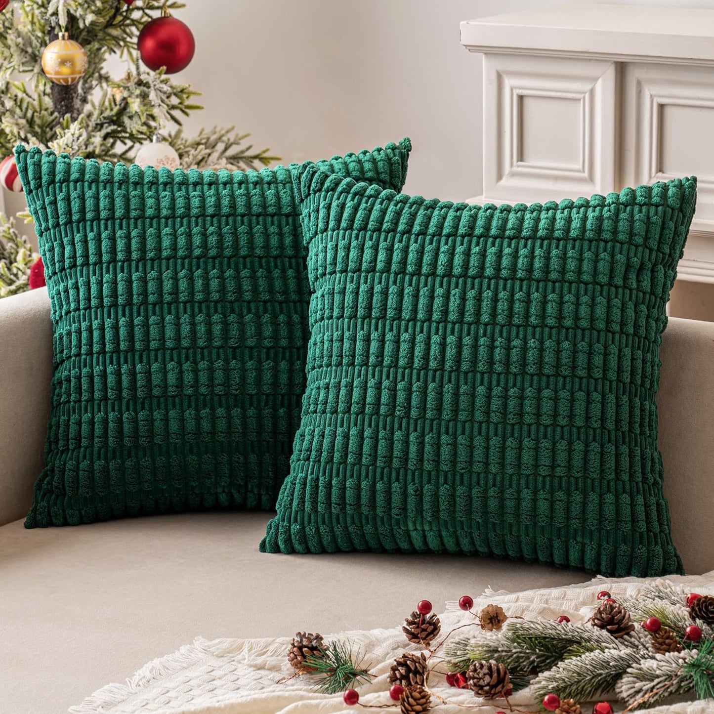 MIULEE Dark Green Corduroy Decorative Pillow Covers - Soft Boho Striped 18x18 Inch | Modern Farmhouse Decor
