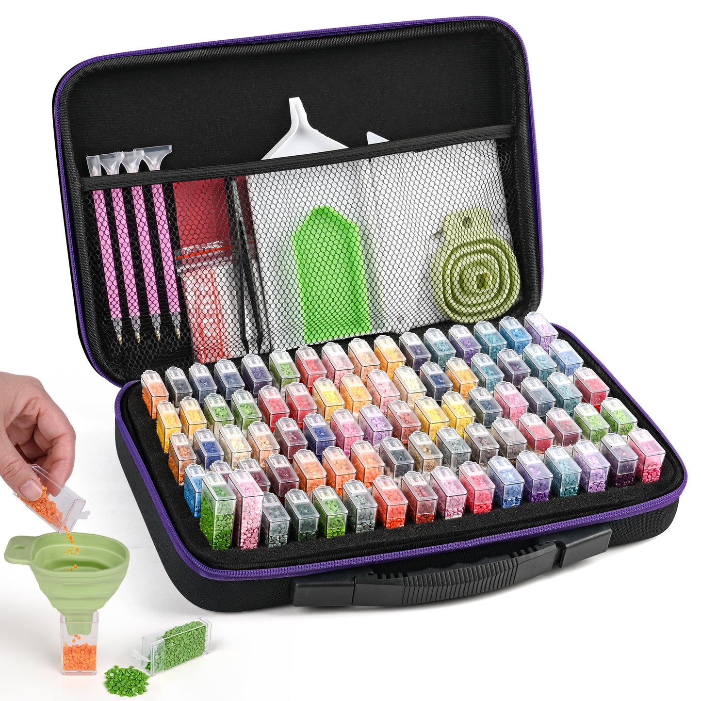 MERATIA Diamond Painting Storage Case Organizer with Containers, Purple and Black, Arts and Crafts Bead Storage Box with Accessories (80 Slots-Purple)