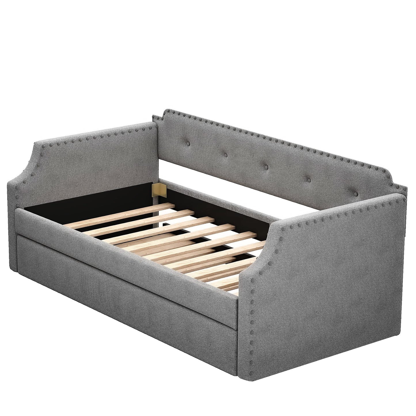 Acosure Twin Size Linen Upholstered Daybed with Trundle,Wooden Frame Armrests Bed W/Wood Slat Support,Arched Back & Nailhead Trim,for Kid,Dorm and Guest Bedroom,Gray