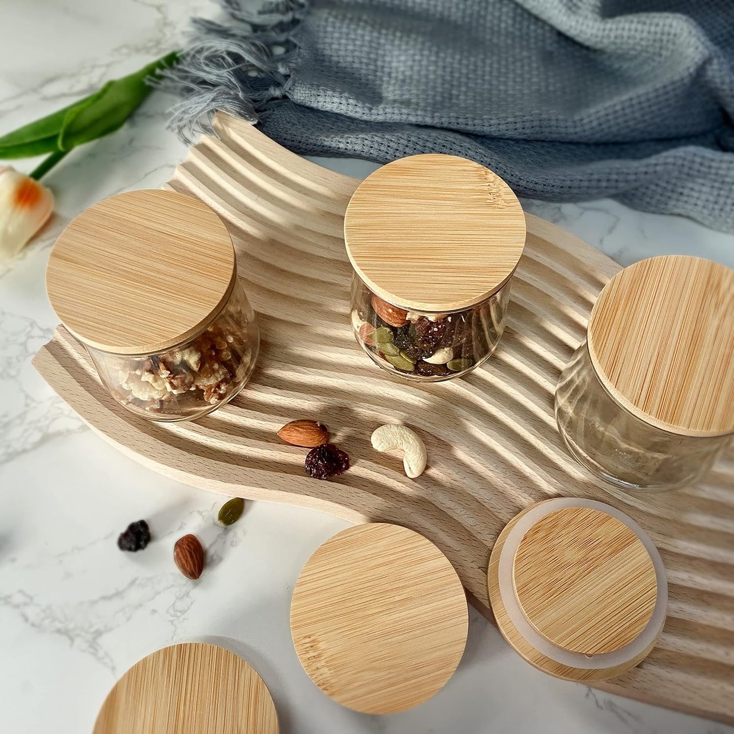12 Oui Bamboo Wood Yogurt Jar Lids - Pcs, Leak Proof, Equipped With Silicone Sealing Ring