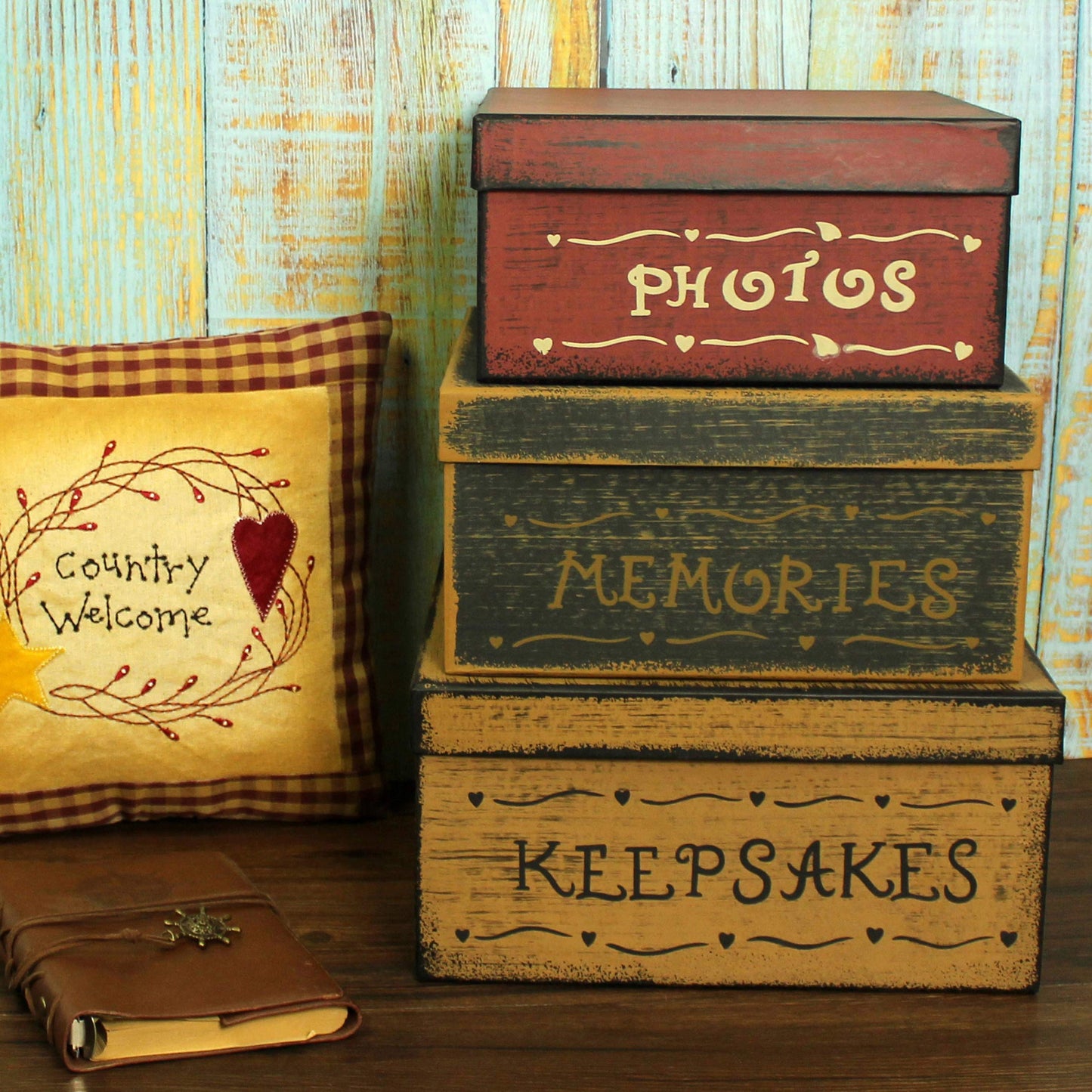 CVHOMEDECO. Primitive Vintage Square Photos, Memories, Keepsakes Cardboard Nesting Boxes, Large 11 X 11 X 5-1/2 Inch. Set of 3.