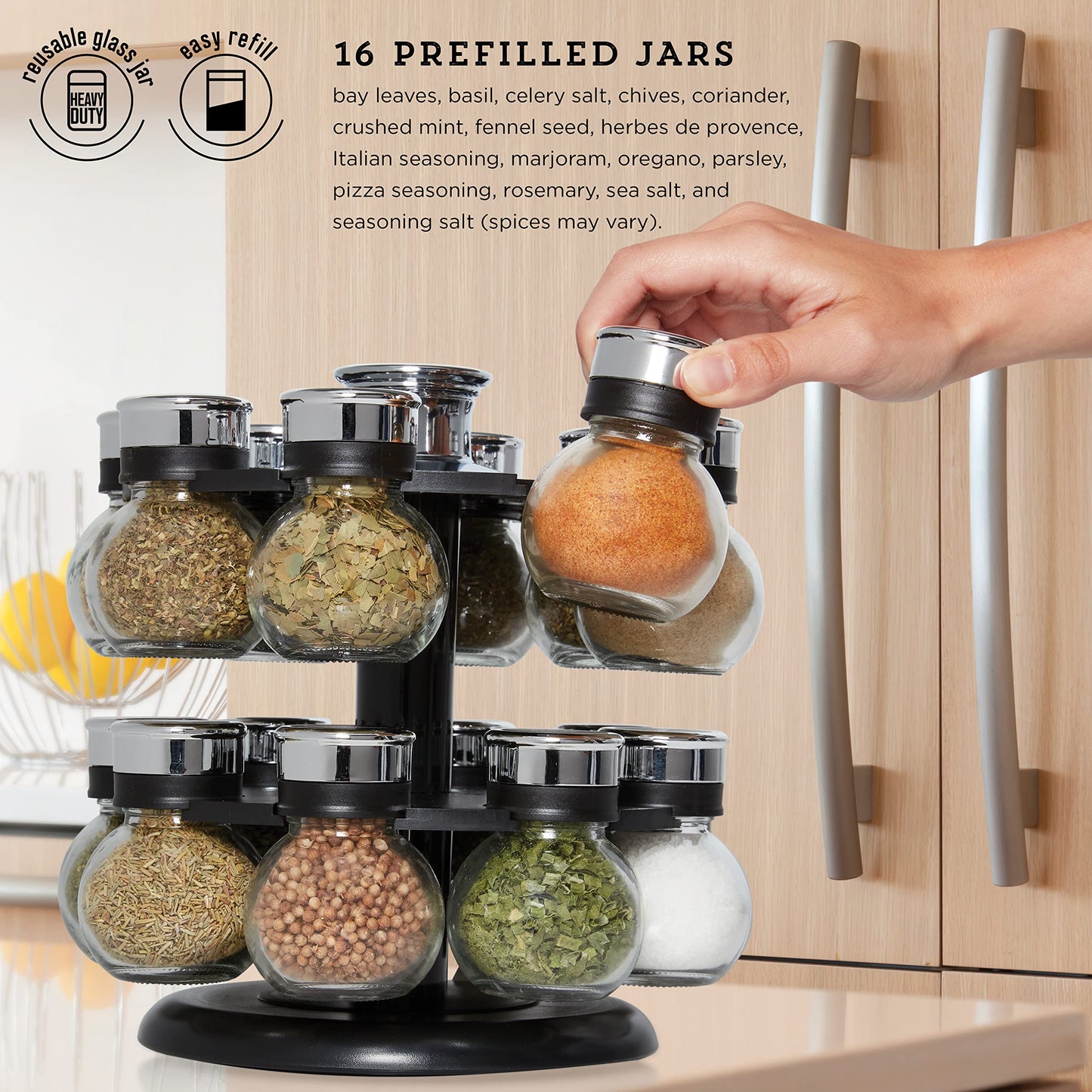 Kamenstein Ellington 16 Jar Revolving Spice Rack with Prefilled Spices - Rotating Chrome and Plastic Countertop Organizer with Sifter Caps and Labeled Lids