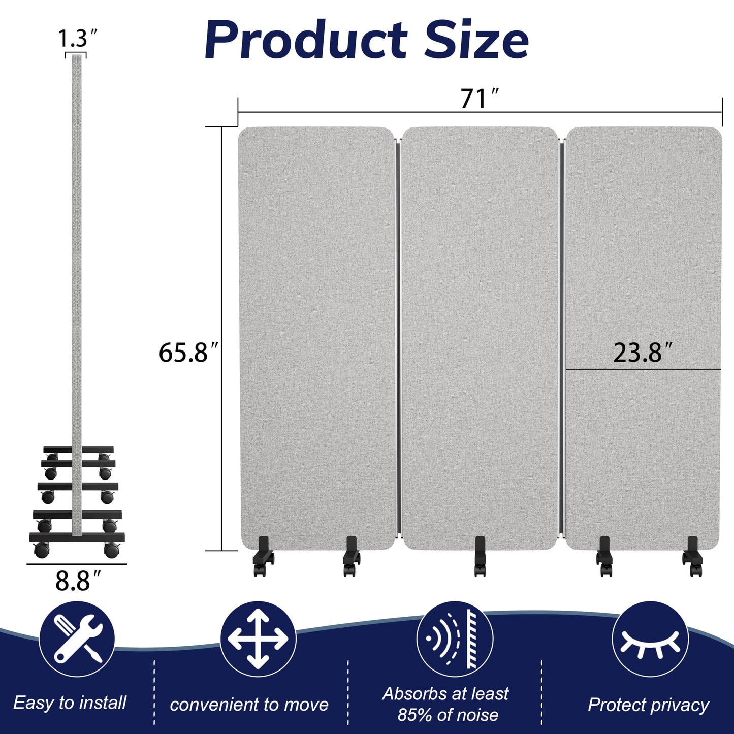 KERRAM 3 Panel Foldable Office Partitions, Mobile Cubicle Wall with Wheels, 71 x 66 Inch Noise Cancelling & Sound Proof Room Dividers Partition Wall, Aluminum Frame Gray