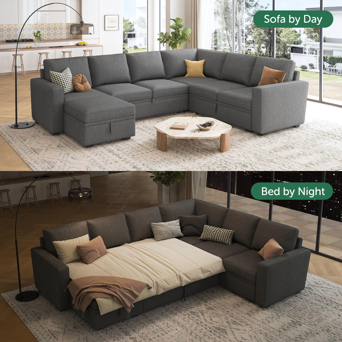 HONBAY Sectional Sleeper Sofa with Pull Out Bed, U Shaped Couch with Storage, Modular Sectional Couches for Living Room, Dark Grey