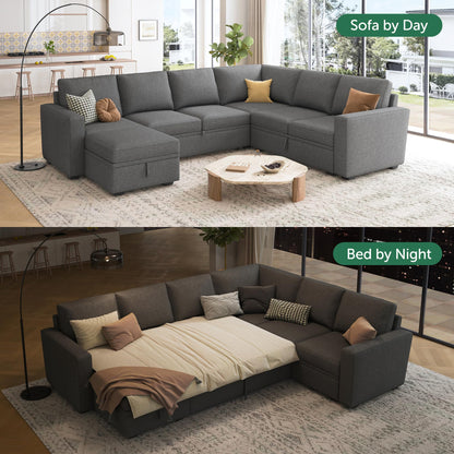 HONBAY Sectional Sleeper Sofa with Pull Out Bed, U Shaped Couch with Storage, Modular Sectional Couches for Living Room, Dark Grey