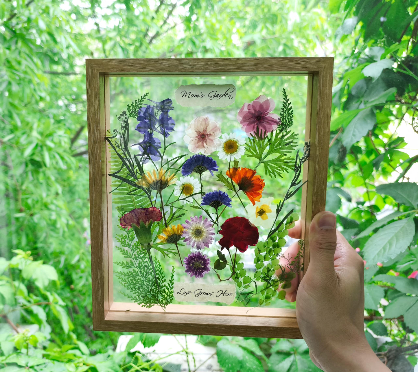 Twodays Birth Flower Mother's Day Craft Kit for Mom/Grandma - 33 Real Pressed Flowers Art DIY Set, With 8x10 Double Glass Frame & Tools, Unique Handmade Birthday Christmas Gift from Daughter (Natural)