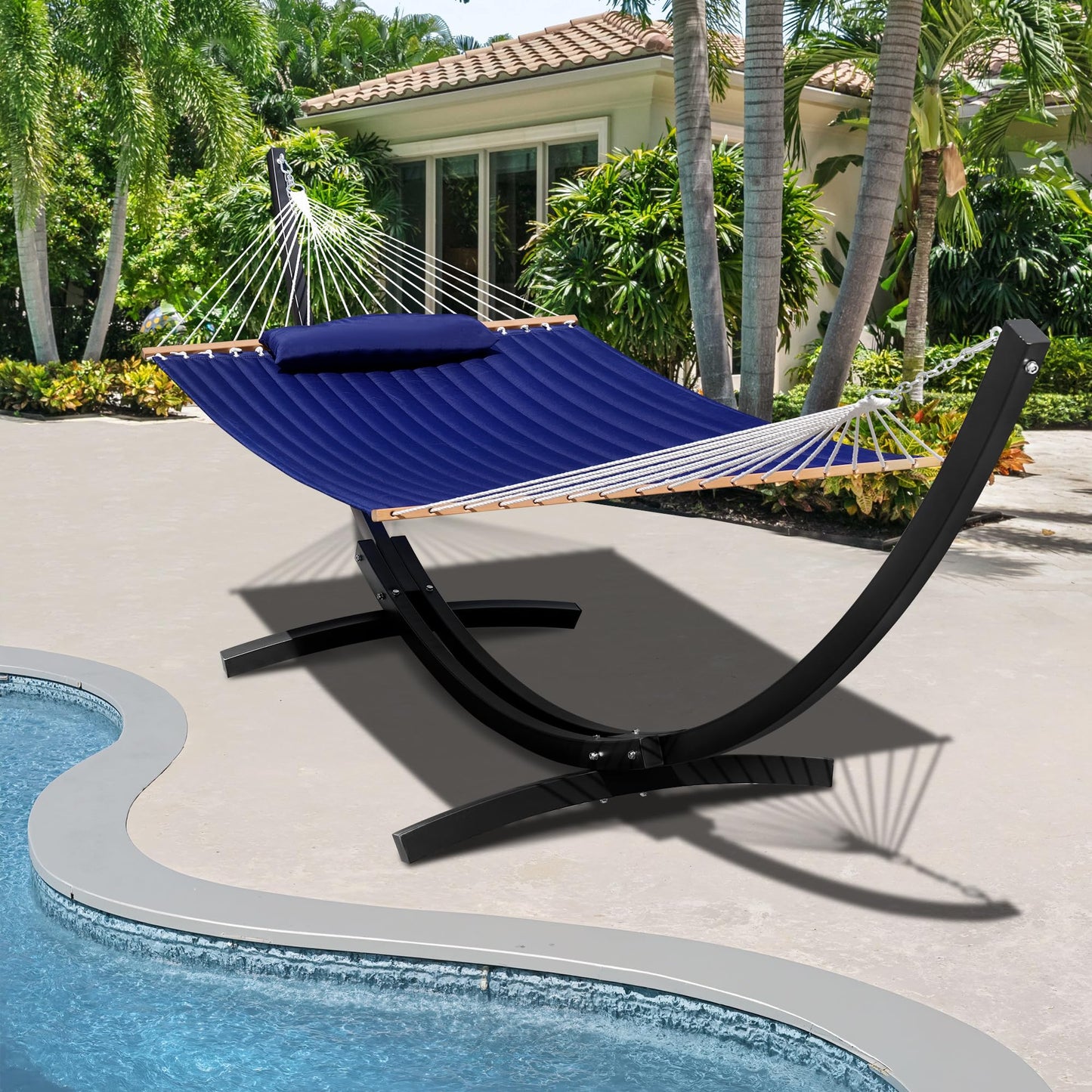 Lazy Daze Hammocks 12 Ft Heavy Duty Steel Arc Hammock Stand with Carabiner and Chain, 2 Person Weather-Resistant Curved Stand for Outside, Backyard, Patio, 500 Lbs Capacity, Wood Grain