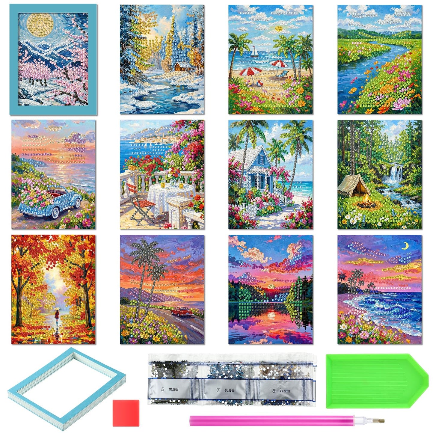 Saillong 24 Pcs Small Diamond Painting Kits Set Mini Diamond Art Set for Beginners, Full Paint Art 1-Hour Painting for Home Decor Desktop, 5.12x3.94 Inches(Landscape)