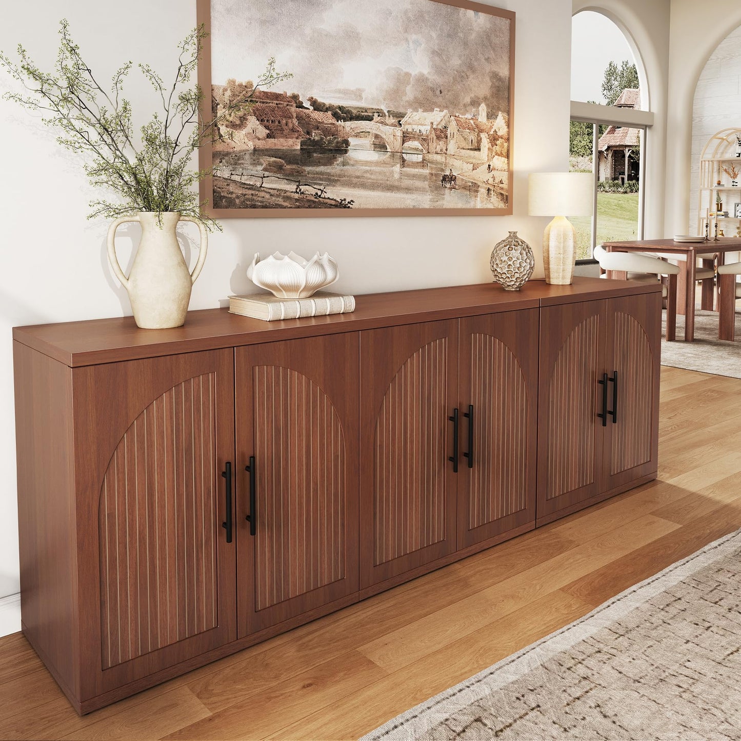 MapleGrace 63" Fluted Buffet Cabinet with Storage, Mid-Century Symmetrical Arched Sideboard Credenza with Adjustable Shelf, Large Wood Console Table for Dining Room, Kitchen, and Living Room (Walnut)