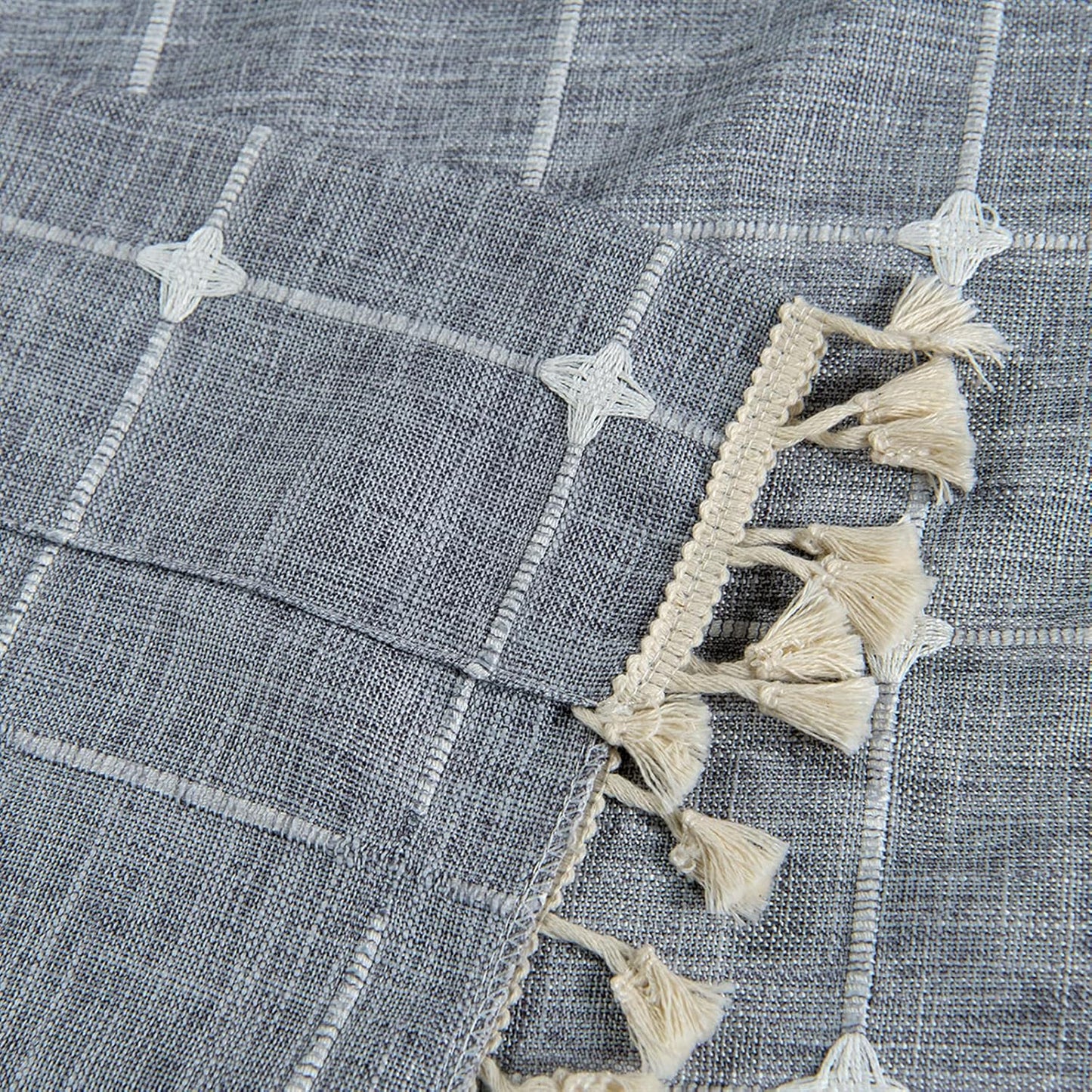 YoKii Boho Kitchen Curtains 36 Inch Length, Modern Farmhouse Cotton Linen Short Window Panel with Gingham Tassel