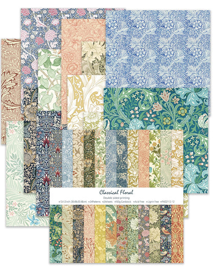 24 Sheets Scrapbook Paper 12" Double-Sided Photo Backdrop Bohemian Patterned (Floral Design J)