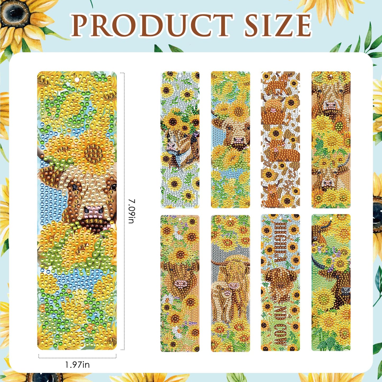INCOK Diamond Painting Bookmarks Set - 8PCS Highland Cow 5D Diamond Art Bookmarks Kit with Tassel Sunflower Bookmarks Set for Highland Cow Lover Office Useful Project DIY Crafts Gifts Teacher
