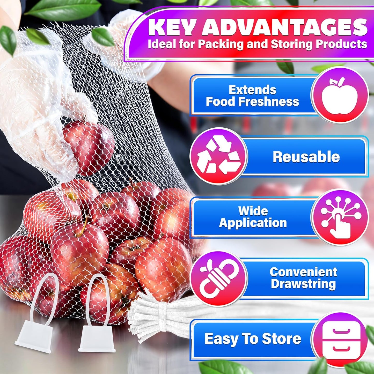24" Set 100 Set Mesh Produce Bags of - Reusable Produce Bags with Plastic Lock, Durable & Tear Resistant Mesh Bag
