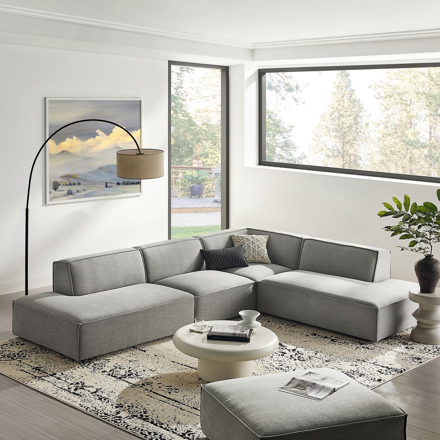 Modway Restore Performance Fabric Upholstered 4-Piece Modular L-Shaped Armless Sectional Sofa in Pewter – Low Profile Couch with Coil Seat Support and French Piping