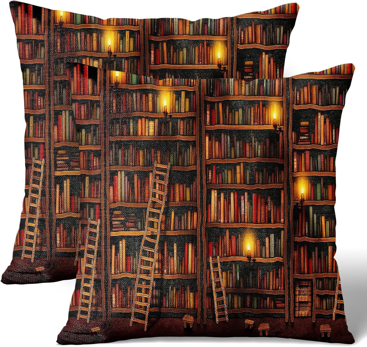 18x18 Inch Set (Pack 2) Linen Throw Pillow Covers of - Retro Bookshelf, Vintage Grand Library Premium Couch Cushion