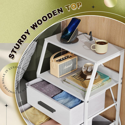 4 Nightstand Drawer Dresser with Charging Station, Side Table with Fabric Drawers, End Table with Open Shelf, Bedside