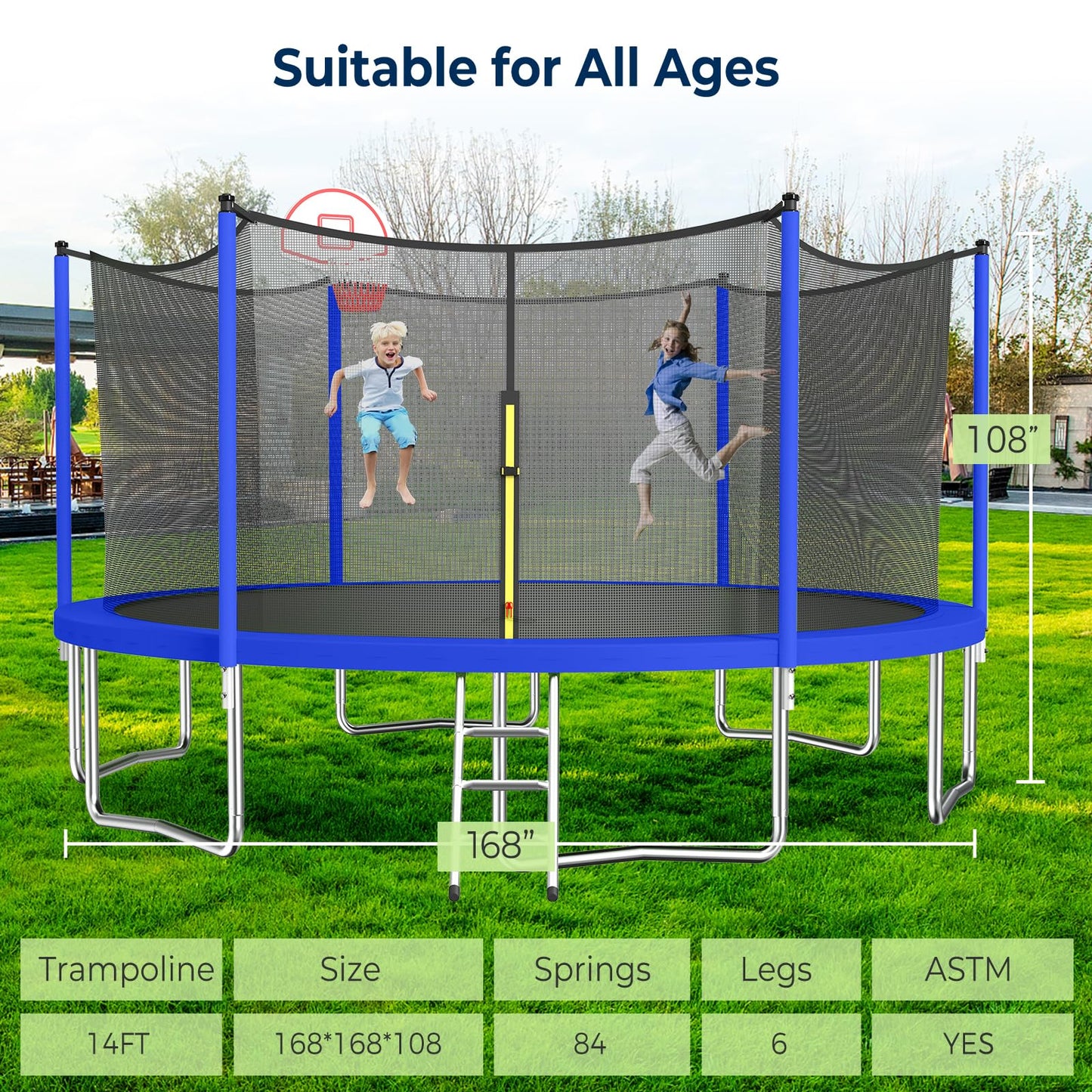 Tatub 14FT Trampoline for Kids and Adults, Outdoor Recreational Trampolines with Basketball Hoop & Enclosure Net, Blue