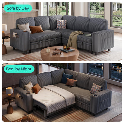 LINSY HOME Sectional Sleeper Sofa with Pull Out Couch Bed - Convertible Plush Corduroy Cloud Couch with Storage Chaise & USB Charging, Comfy L Shaped Modular Couches for Living Room Apartment (Grey)