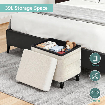 15"x12.6"x15.4" CAROLMADE Folding Storage Ottoman Cube Sherpa Footstool with Wood Legs Ottoman Footrest for Living Room