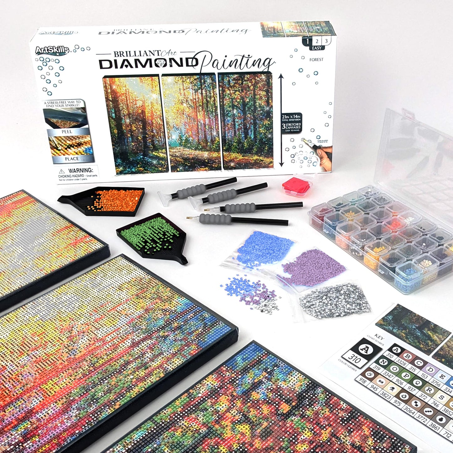 ArtSkills Diamond Painting Kit, Diamond Art on Framed Canvas with Gem Storage Case and Accessory Kit, Forest, 3 Stretched Canvas Panels, 14” x 7” Each