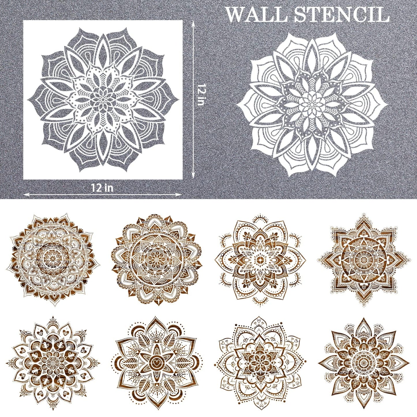 9-Piece Mandala Stencil Set - Reusable Mandala Painting Templates for DIY Wall, Tile, Furniture, Canva, Outdoor & Indoor Decoration