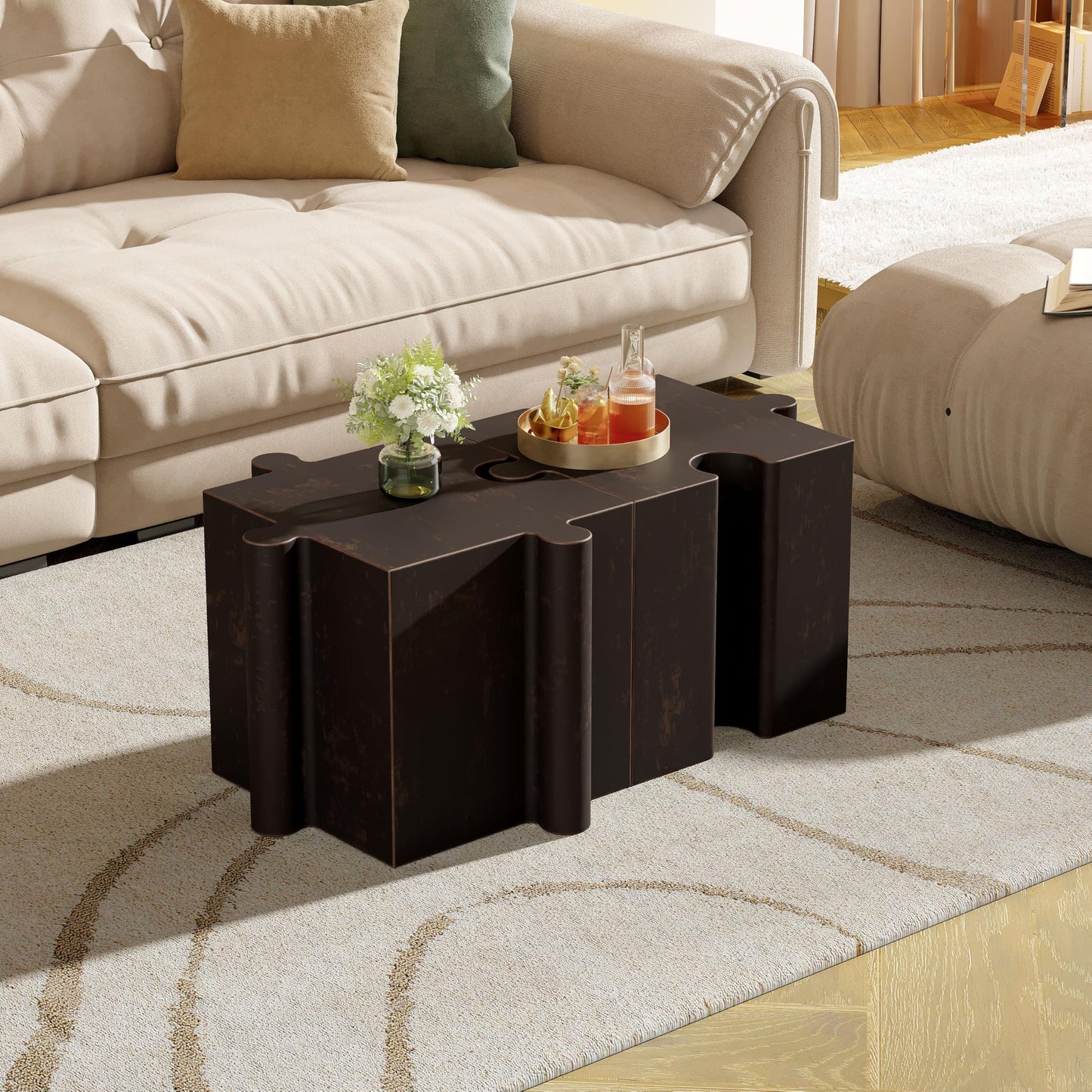 Christopher Knight Home Daton 3 Piece Interlocking Outdoor Side Table Set, Modular Lightweight Concrete Coffee Table, Convertible MGO End Table for Indoor&Outdoor, Design for Creative Set Up, Copper
