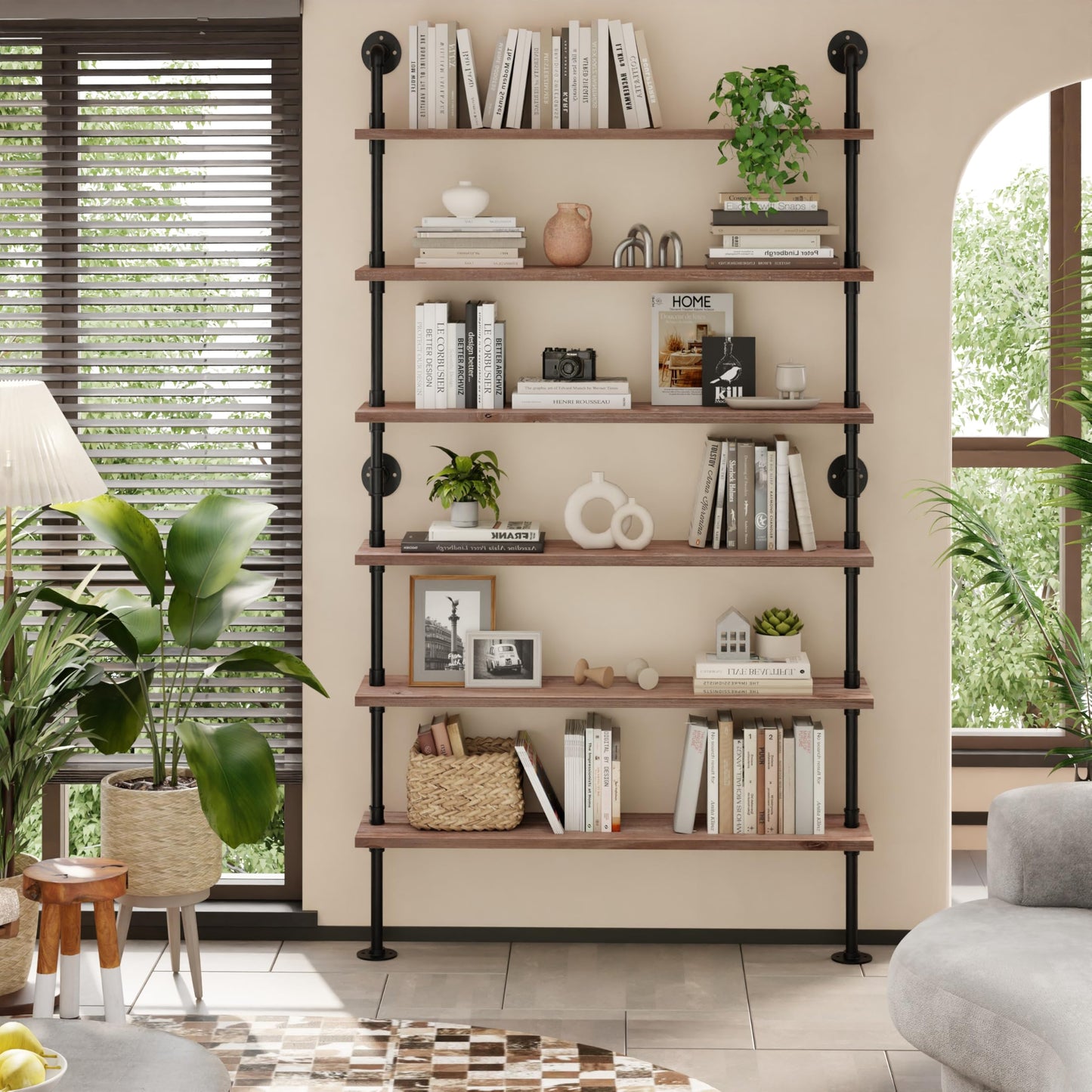 Anynice Industrial Ladder Pipe Shelf, Wall Mounted Wood Metal Bookshelf for Living Room Storage (Weathered Brown, 6 Tier - 10" D x 48" W x 82.5" H)