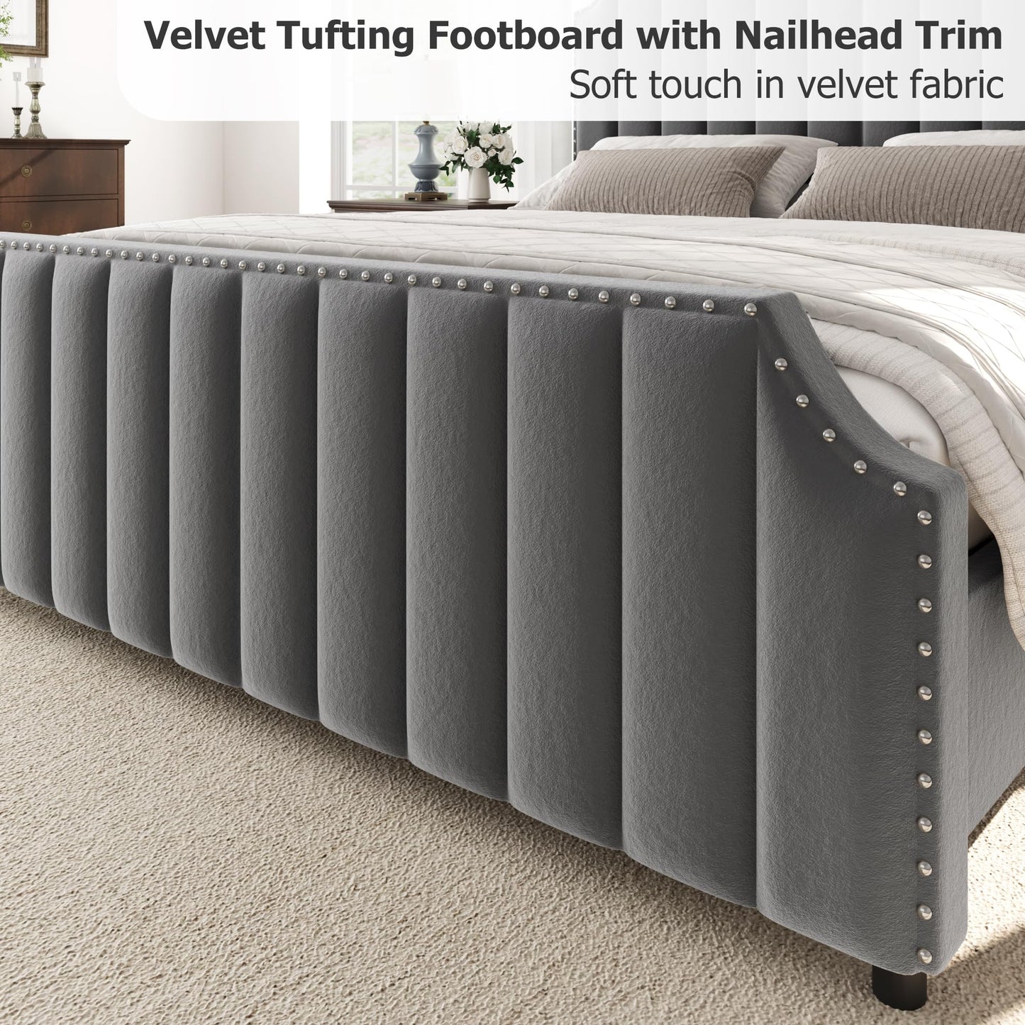 GarveeHome King Size Platform Bed Frame with 50.2 in Headboard, Velvet Upholstered Bed Frame King with Vertical Channel Tufted Headboard & Footboard, Nailhead Trim, No Box Spring Needed, Grey
