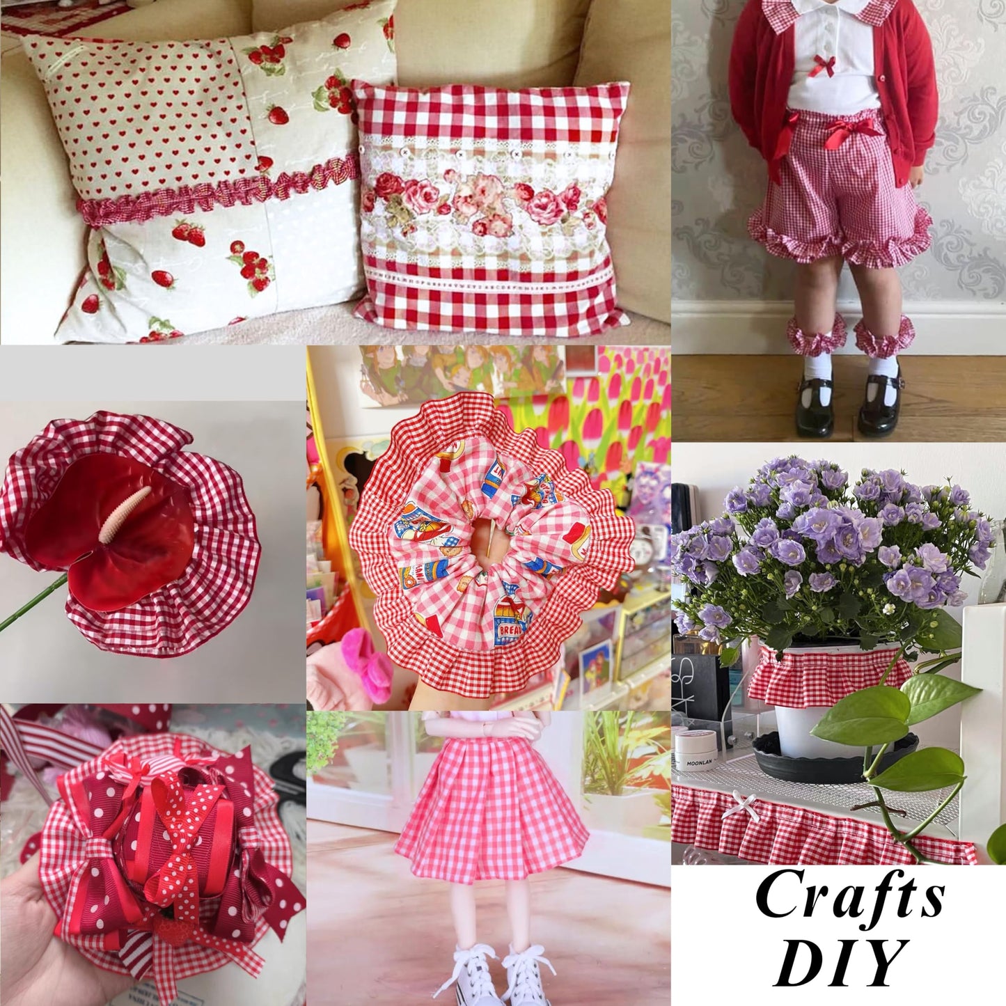 Gingham Ruffle Pleated Lace Trim 1.67" x5yd Gathered Gingham Ribbon Fabric Edge Trimming for Home Decor Merch (Red)
