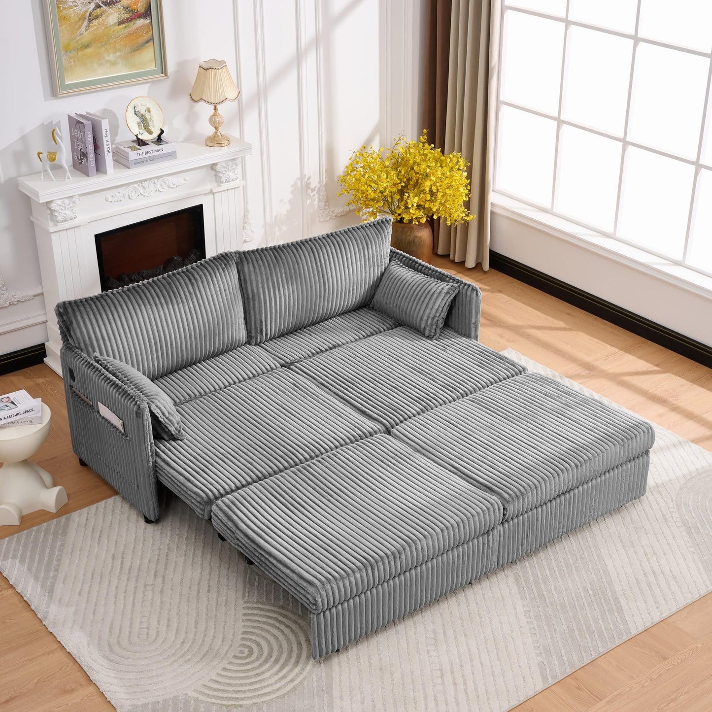 KEIKI 73" 3-in-1 Pull Out Sofa Bed, Convertible Corduroy Sleeper Sofa with USB Ports & Side Pockets, Modern Futon Couch for Living Room, Apartment or Bedroom, Gray
