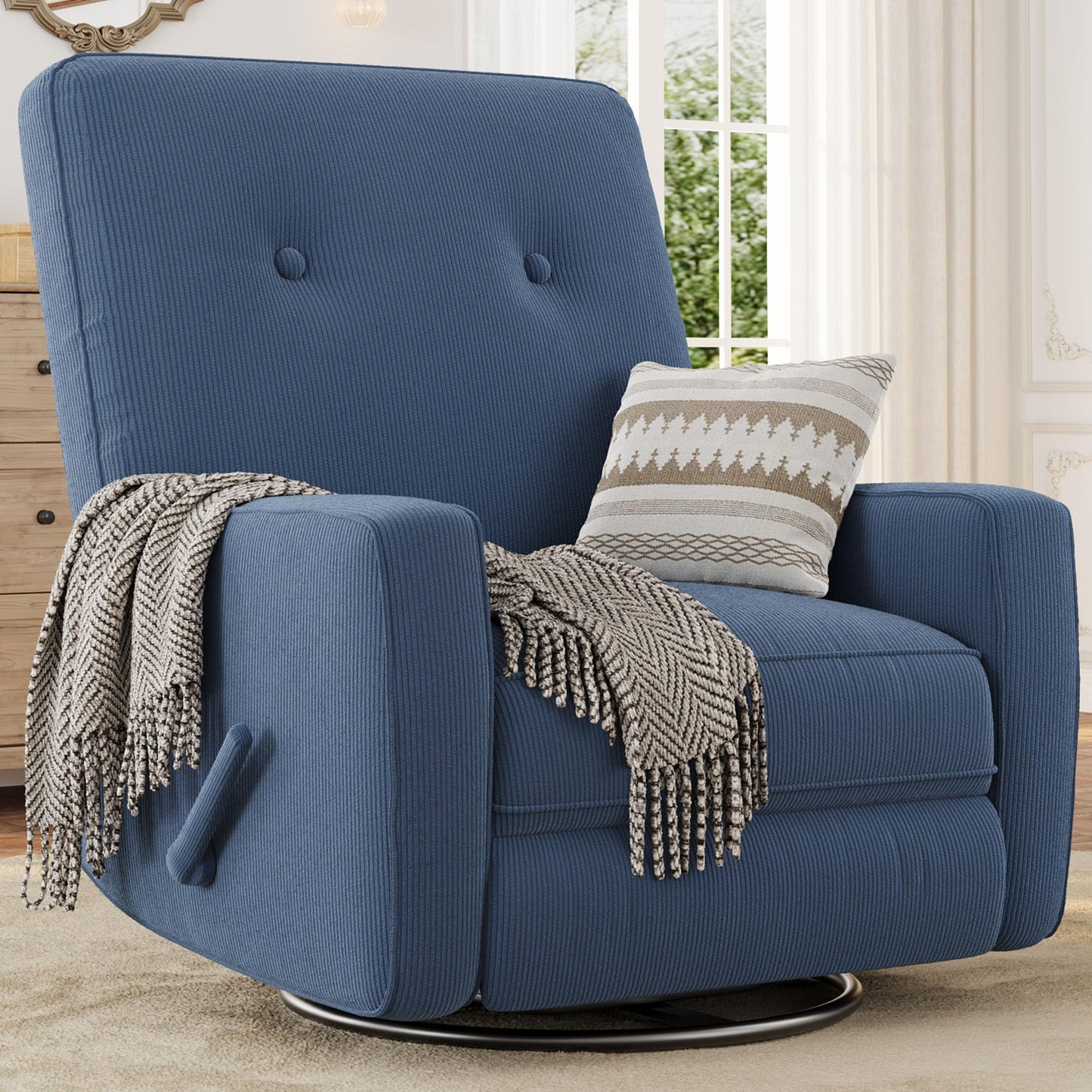 GarveeHome Recliner Chairs, Swivel Rocker Recliner, Glider Recliner Nursery Chair for Adults, 360° Swivel Glider Rocking Chair for Living Room, Bedroom, Office, RV, Small Spaces, Corduroy, Dark Blue