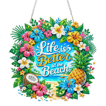 Yunzlly DIY Hanging Diamond Art Pendant Kit Phrase, Special Crystal Diamonds Painting Ornament Kit for Adults, Acrylic Board Gem Painting Kit (Life is Better at the Beach)