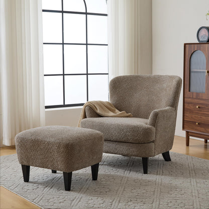 Christopher Knight Home Winnie Accent Chair and Ottoman Set, Living Room/Bedroom Wooden Comfy Reading Chair with Footrest Stool, Boucle Upholstered Wingback Single Sofa, Brown