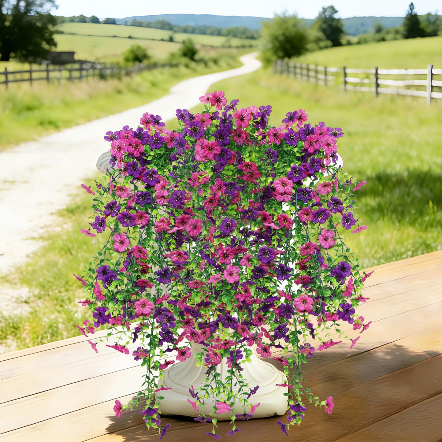 Senjie Artificial Hanging Flowers for Outdoor Spring Decor, 2 pcs UV Resistant Fake Silk Faux Flowers Plants for Outside Porch Patio Balcony Planters