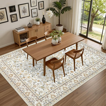 Skiennix 5x7 Area Rug - Washable Vintage Boho Design | Soft, Stain-Resistant Carpet for Living Room, Bedroom, and Office - Beige