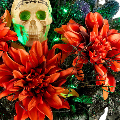 National Tree Company, 20inch Artificial Boo-Tiful Halloween Urn with Orange Florals and White Skull, 30 Green LED Lights,
