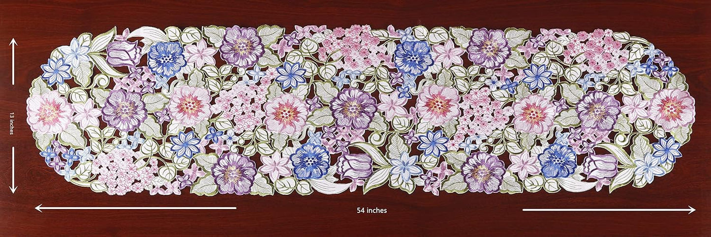 Flowery Table Runner 13"×54", Cutwork Embroidered Floral Dresser Scarf for Home Kitchen Dining