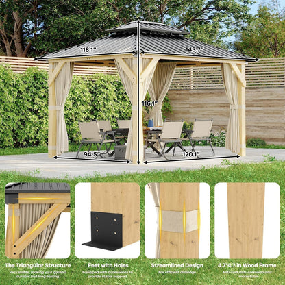 12' × 10' Hardtop Wood Gazebo with Double Galvanized Steel Roofm, Upgrade Wooden Frame with Nettings & Curtains for Backyard, Patio, Garden, All-Weather Khaki Outdoor Pavilion (4 Packages Shipped)