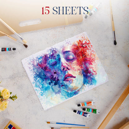 Wanderings Thick Handmade Watercolor Paper with Deckled Edge - 9" x 12" - 500GSM Premium White Cold-Pressed Textured Mixed Media Paper Made with Recycled Cotton - 15 Loose Leaf Sheets
