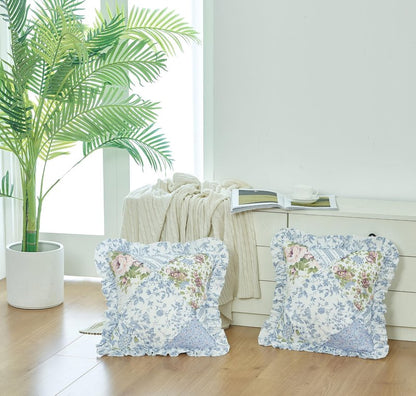 Brilliant Sunshine Blue Rose Patchwork Ruffle Pillowshams, Quilted Decorative Pillow Covers Set, Square Throw Cushion Cases for Couch, Reclining Chair, Car, Bed, 18x18, Pack of 2, Blue Rose