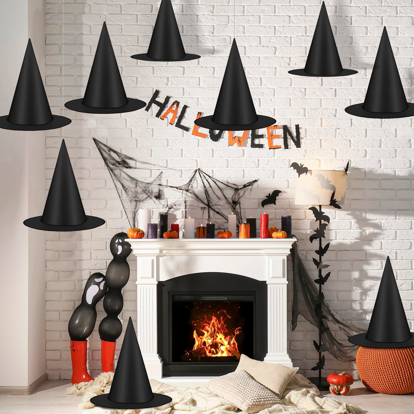 Helimoto 12 PCS Halloween Witch Hats, Black Hanging Witch Hats, Witch Costume Accessories Witches Hat with 328 FT Nylon Cord Wizard Hats Indoor Outdoor Halloween Decorations