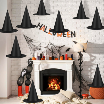 Helimoto 12 PCS Halloween Witch Hats, Black Hanging Witch Hats, Witch Costume Accessories Witches Hat with 328 FT Nylon Cord Wizard Hats Indoor Outdoor Halloween Decorations