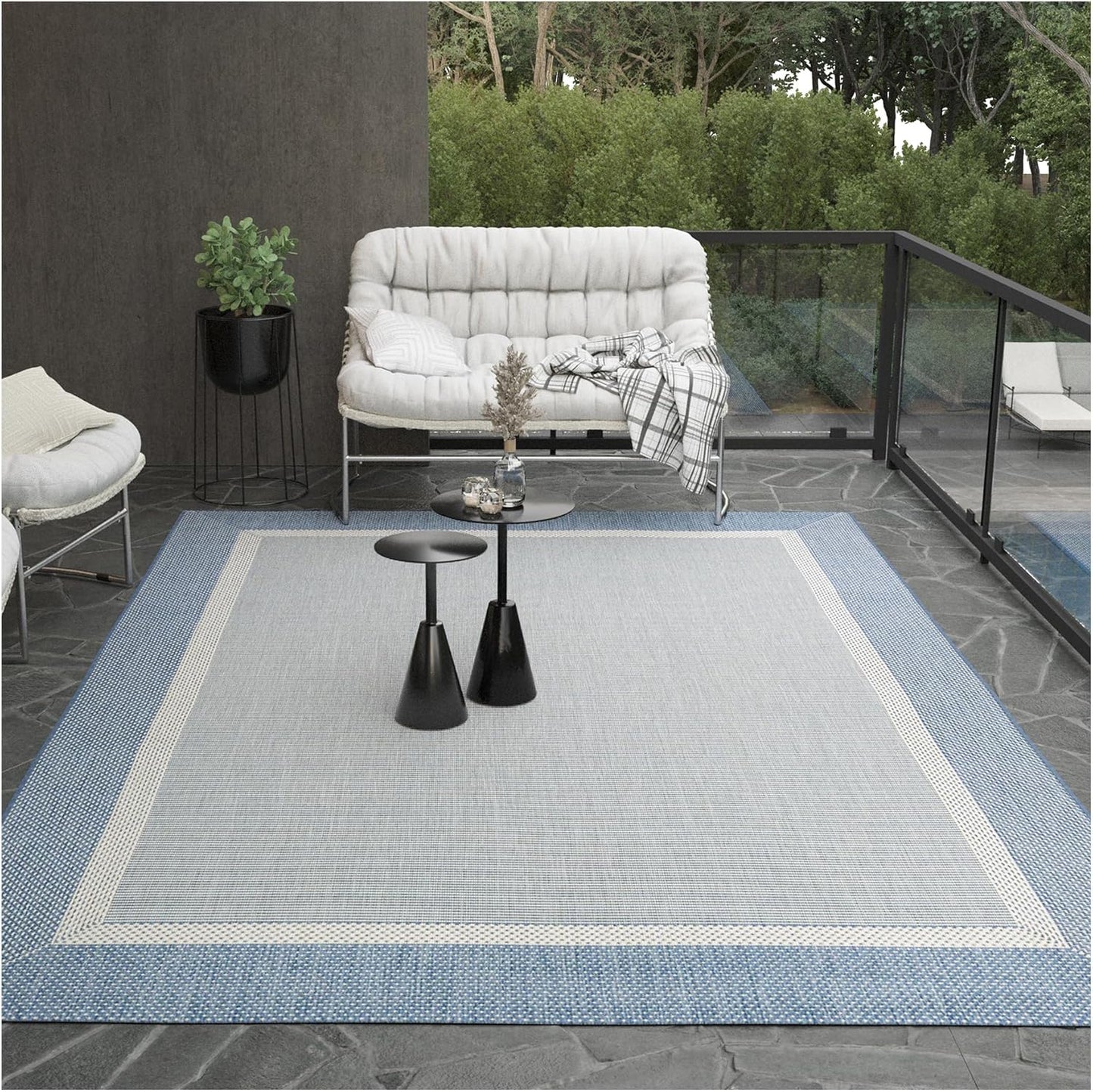 2' 3'7" Set, Couristan Recife Indoor Outdoor Rug - Stria Texture x Rectangle in Blue, Hose Washable, Low Pile, Pet- Kid